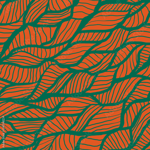 Geometric seamless pattern with intersecting lines similar striped plant leaves.Modern stylish abstract texture in orange green.Doodle ornament with stylized leaves.For fabric,textile,home decor,card