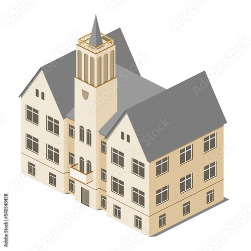 Isometric, yellow town hall with tower. City, european architecture.