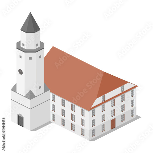 Isometric, white, big town hall with tower. City architecture.  Europe architecture.