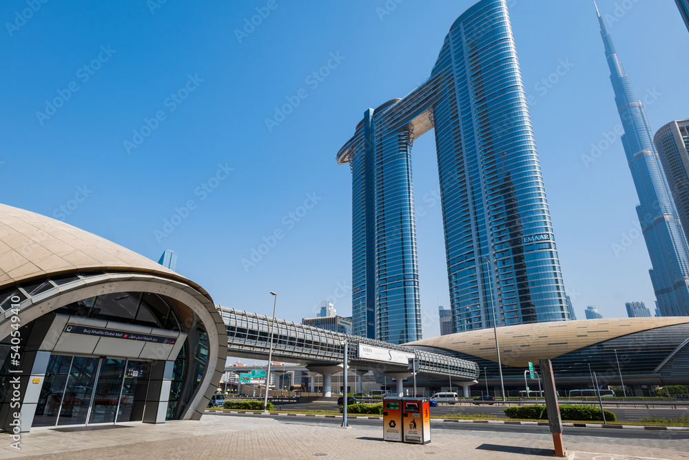 Dubai UAE October 2022 Dubai Mall Metro Station With Burj Khalifa dubai-uae-october-2022-dubai-mall-metro-station-with-burj-khalifa