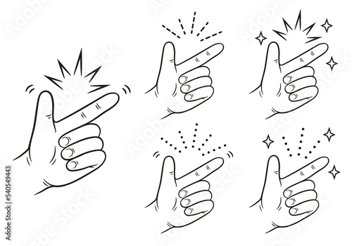 Hand snap fingers gesture, click sound signal line icon set. Human arm wrist flick. Easy, good idea, okay, excellent, attention grabbing or reminder. Point up, gesticulate. Web cursor pointer. Vector 