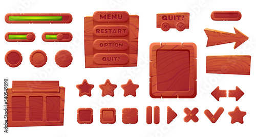Game ui wooden interface slider button bar menu frame abstract design element concept illustration set