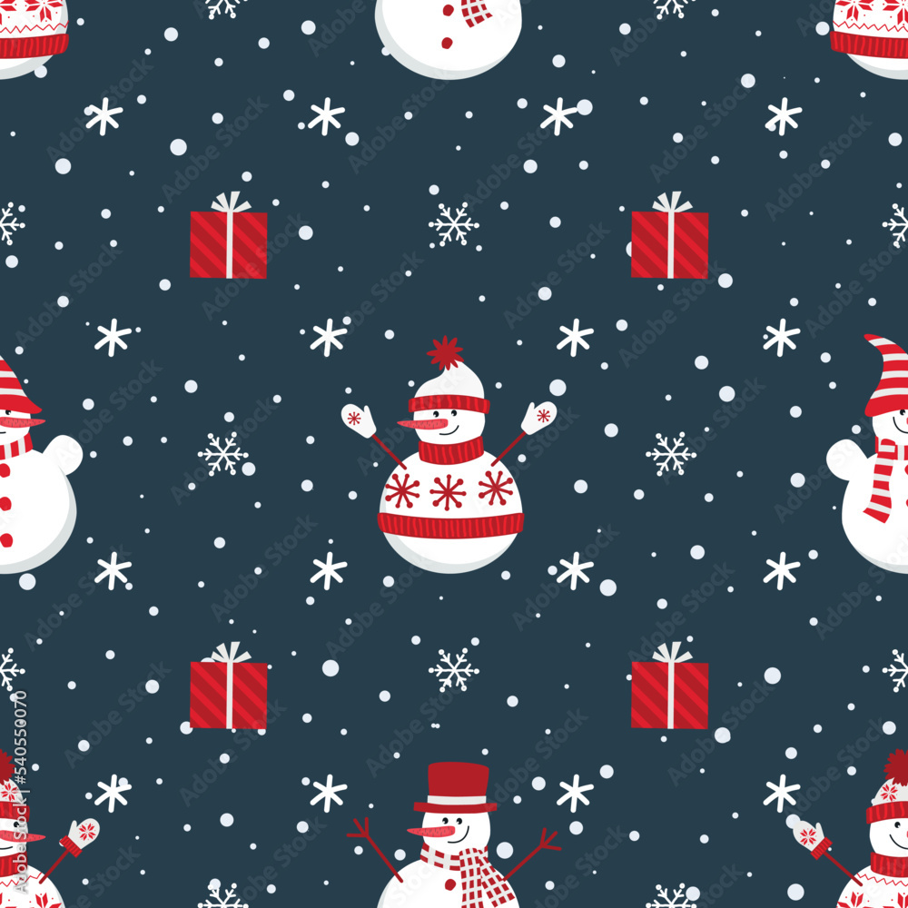 Christmas background. Seamless pattern with snowmen, gifts and snowflakes. Vector illustration on dark blue background Christmas background. Seamless pattern with snowmen, gifts and snowflakes. Vector illustration on dark blue background
