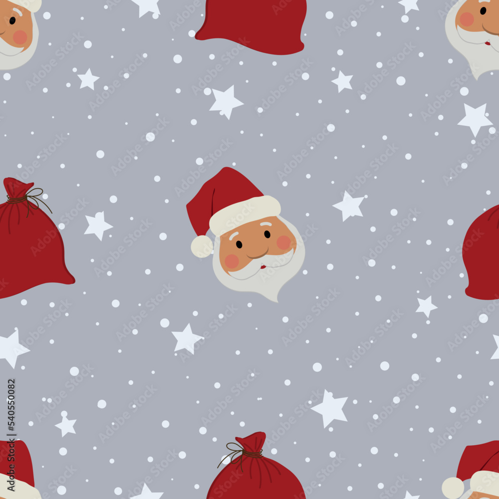 Christmas background. Seamless pattern with Santa Claus heads, bags with gifts, stars and snowflakes. Vector illustration on gray background Christmas background. Seamless pattern with Santa Claus heads, bags with gifts, stars and snowflakes. Vector illustration on gray background
