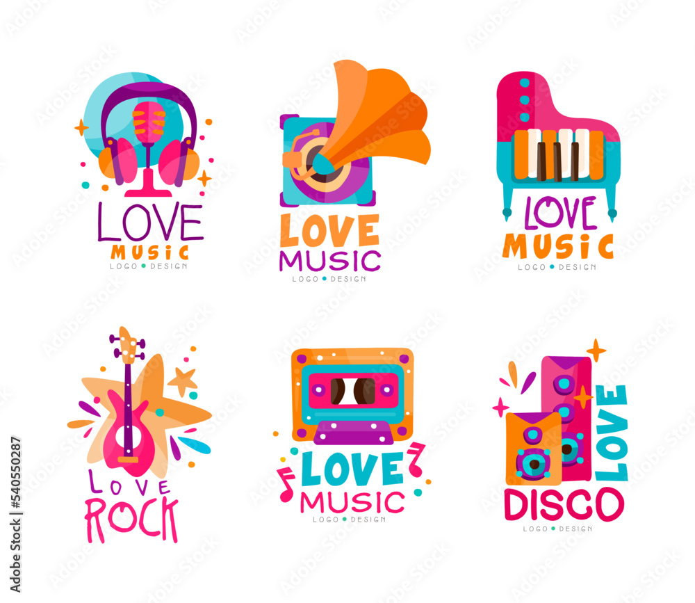 Bright Music Logo with Electric Guitar, Piano, Microphone and Gramophone Vector Set
