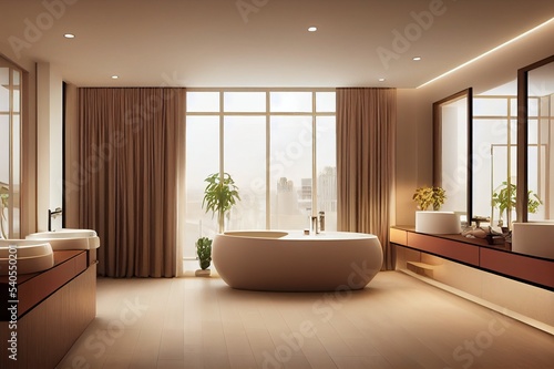 Hotel bathroom interior with double sink and bathtub behind glass doors  side view. Beige dresser with bath accessories and modern art decoration. 3D rendering