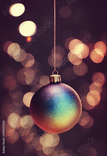 Merry Christmas ball on blurred bokeh lights background.
