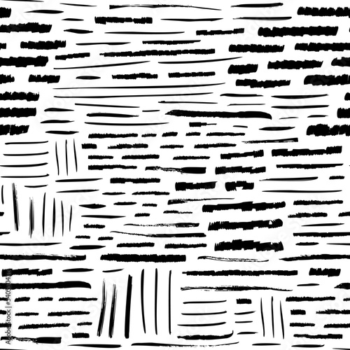 Abstract different horizontal strokes seamless pattern. Brush drawn thin and bold short stipes. Retro black and white texture in digital style. Vector horizontal dashes. 