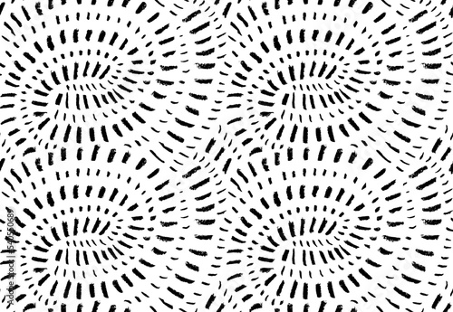 Radiating and concentric lines seamless pattern. Brush drawn small dashes in circle shape. Black vector dots in circle form. Abstract geometric doodle background. Spirals background. 