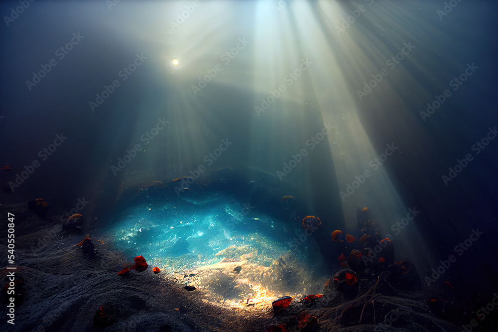 Underwater sea - deep abyss with blue sun light