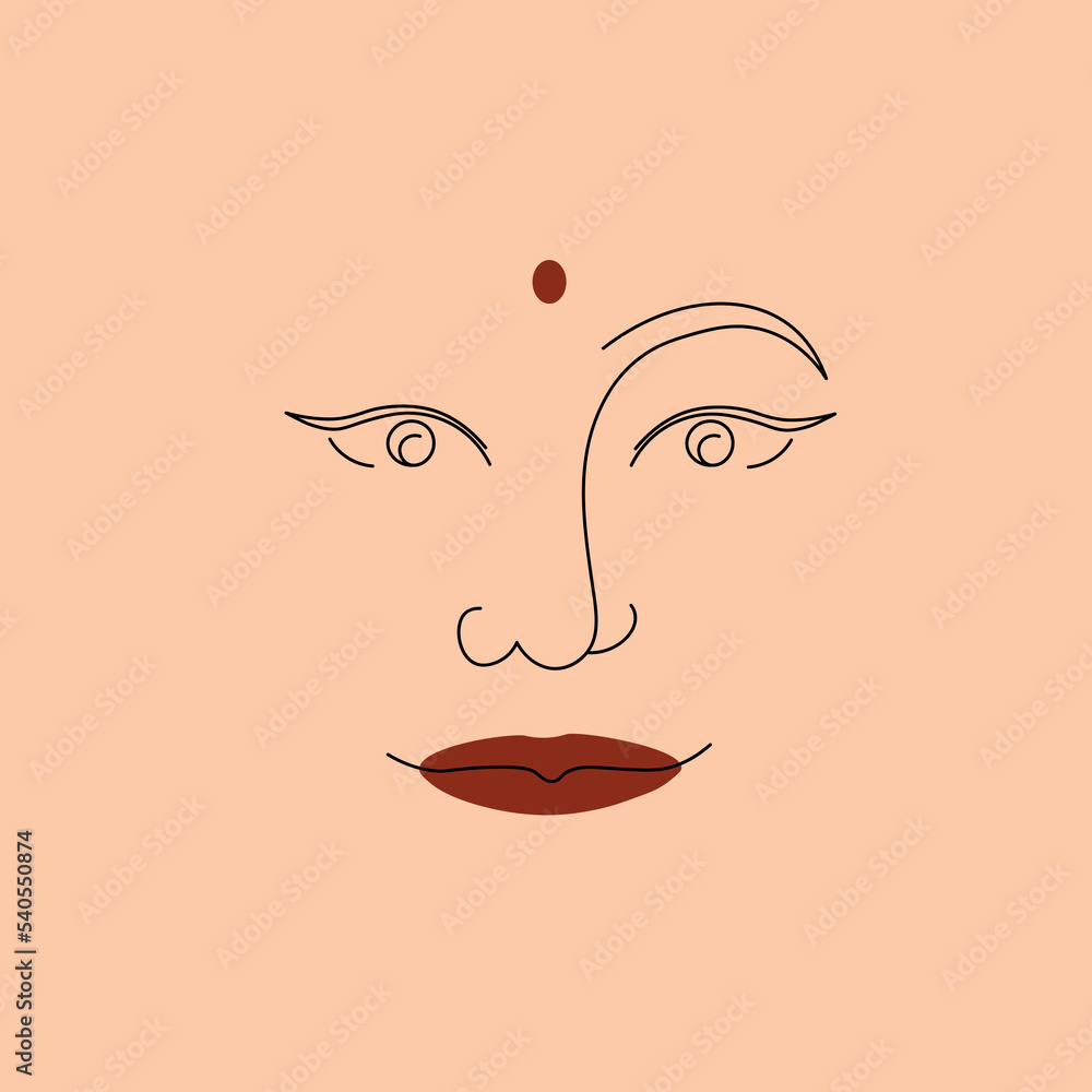 Vector illustration. A woman from India with a red dot on her forehead. Indian girl. The face of minimalism. Vector illustration. A woman from India with a red dot on her forehead. Indian girl. The face of minimalism.