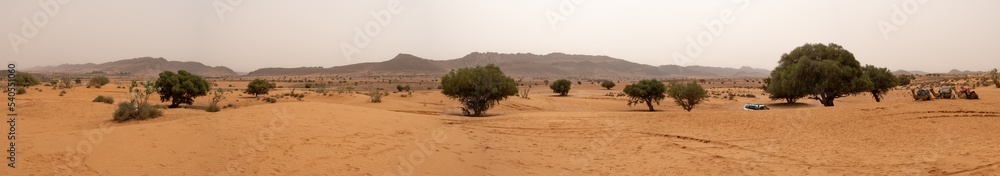  Amazing huge panorama landscape of lonely remote village surrounded by mountains, trees and sand in agadir desert of Souss-Massa park, in agadir, morocco