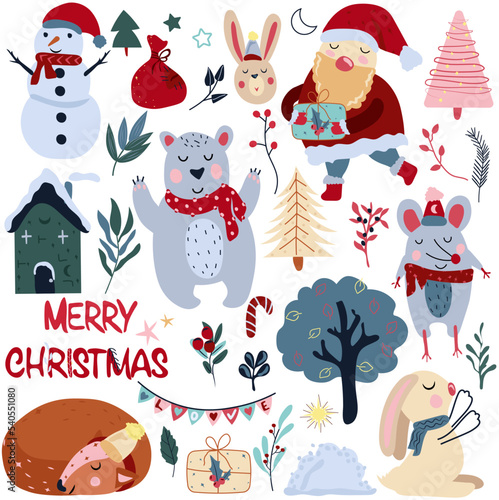 Fototapeta Naklejka Na Ścianę i Meble -  Christmas collection with Santa Claus, sleeping deer, funny polar bear, cute rabbit, colorful leaves and other. Concept Christmas and New Year. Funny cartoon characters. Vector