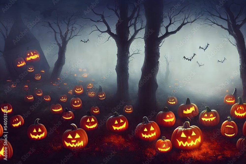 Halloween night scenery cute illustration funny background with
