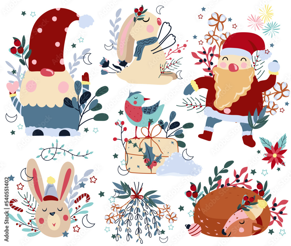 Winter compositions with sleeping deer, funny Santa Claus, winter gnome, cute rabbit and other. Concept Christmas and New Year. Perfect for greeting cards, poster, postcard, banner. Vector.
