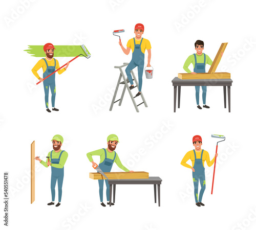 Professional Man Carpenter and Builder in Overall Working with Wooden Planks and with Paint Roller Coloring Wall Vector Set