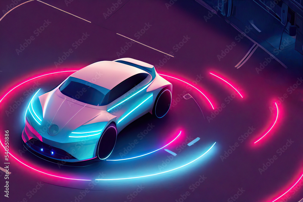 Street racing of the future. Futuristic sports car in motion (non-existent car design). Сar drifting, tire smoke wafting, neon city background.  3d illustration