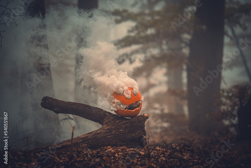 Halloween jack o lantern with smoke coming out in the forest