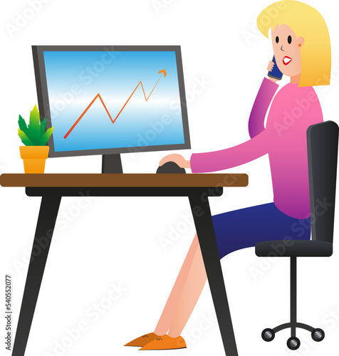 vector illustration of a girl with a phone at a computer