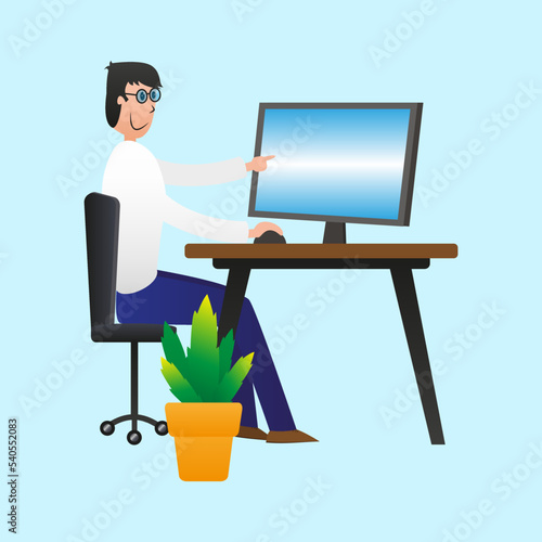 vector navy illustration of a guy sitting at a computer.