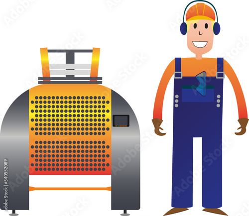 vector illustration of a worker in a helmet and headphones with a plastic film roller machine
