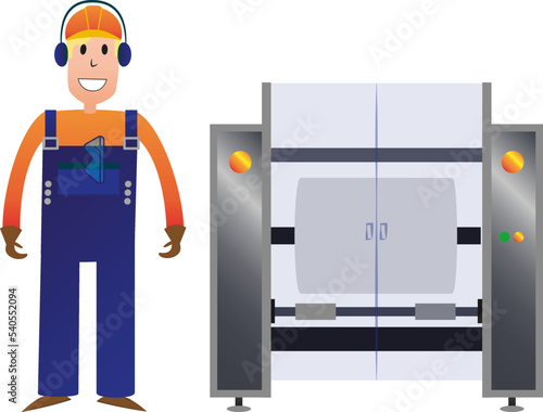 vector illustration of a worker in a helmet and headphones with a plastic film roller machine