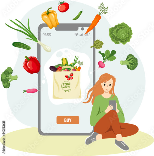Vector illustration woman chooses and orders fresh vegetables in mobile. Concept image of internet market, home delivery, shopping, healthy food for poster, banner, advertisement, flyer.
