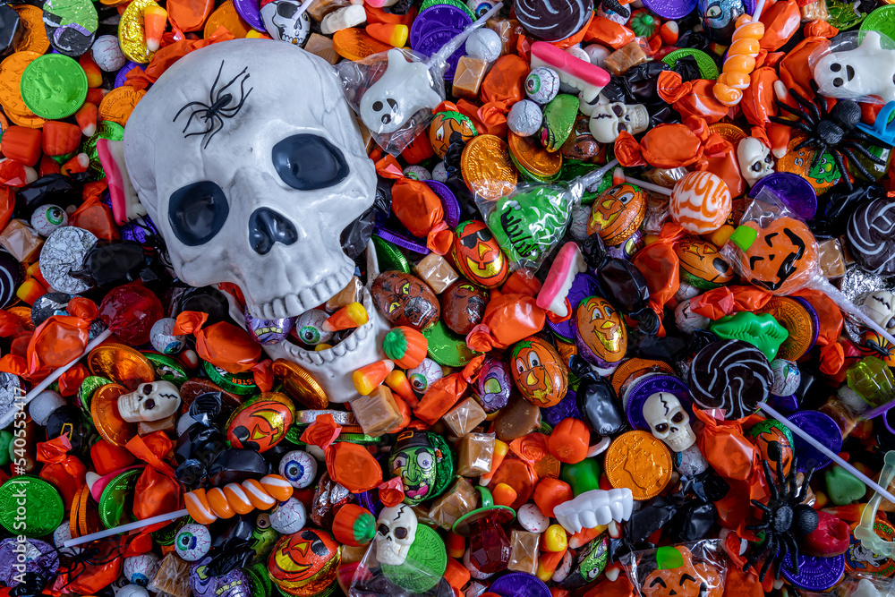 Trick or Treat Halloween Candy background with props Trick or Treat Halloween Candy background with props