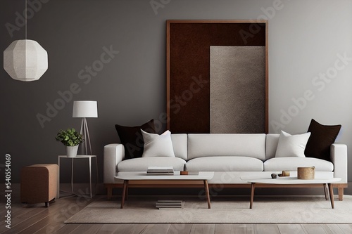 Creative composition of elegant masculine living room interior design with mock up poster frame, brown armchair, industrial geometric shelf and personal accessories. Template.