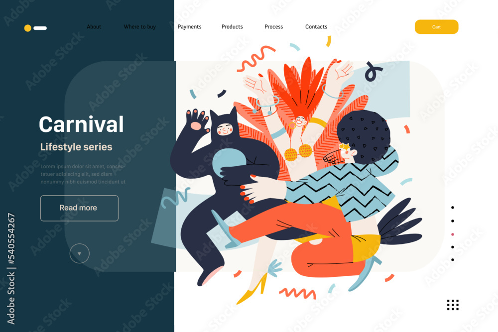 Naklejka premium Lifestyle web template - Carnival - modern flat vector illustration of masked people dancing together, taking part in the costume carnival procession. People activities concept