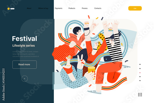 Lifestyle web template - Festival - modern flat vector illustration of a man and a woman taking part in the rock musical festival. People activities concept