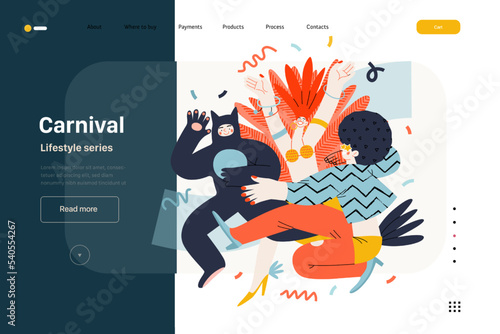 Lifestyle web template - Carnival - modern flat vector illustration of masked people dancing together, taking part in the costume carnival procession. People activities concept