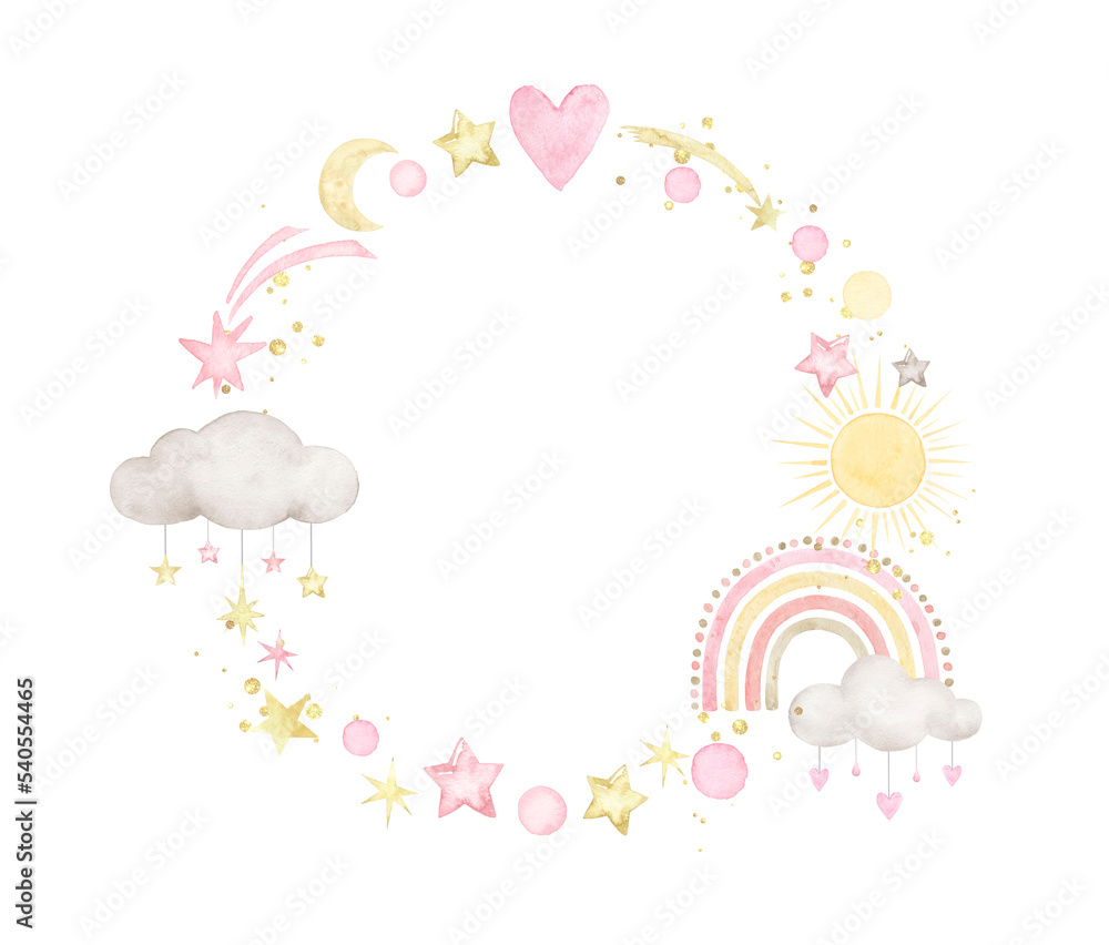 Watercolor frame with rainbow,clouds,stars,moon,sun..Watercolor hand painted illustrations isolated on white background .