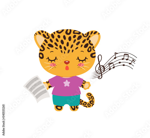 Singing animal cute cheetah leopard jaguar cartoon character. Musical class logo or mascot. Kawaii animal student. Music notes song learning. Music lesson elementary school subject. 