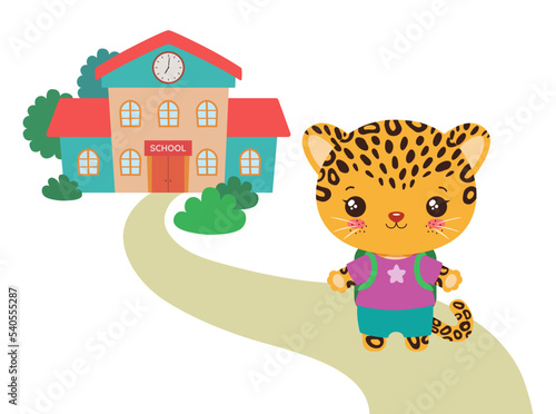 Back to school kawaii animal vector illustration. Cute cheetah student and path to school building. Smiling leopard jaguar animal cartoon character. Elementary school clipart flat design chibi style.