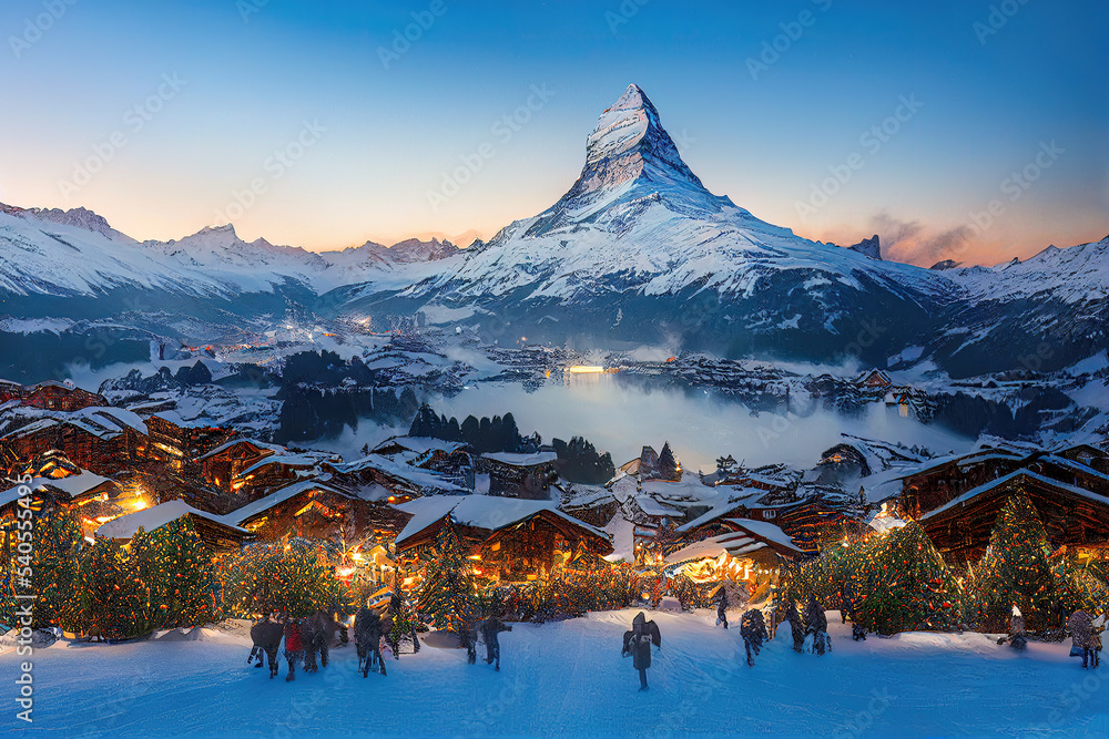 Weihnachtliche Winterlandschaft Matterhorn Schweiz Christmas Jahreszeit Weihnachsmarkt Advent Stimmung Digital  - obrazy, fototapety, plakaty 