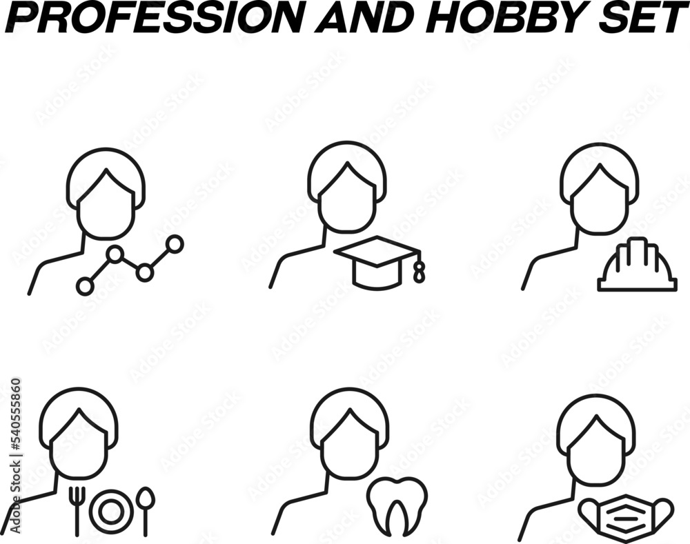 Monochrome signs in flat style for stores, shops, web sites. Editable stroke. Vector line icon set with symbols of progress line, academic cap, builder helmet, plate, tooth, mask by man Monochrome signs in flat style for stores, shops, web sites. Editable stroke. Vector line icon set with symbols of progress line, academic cap, builder helmet, plate, tooth, mask by man