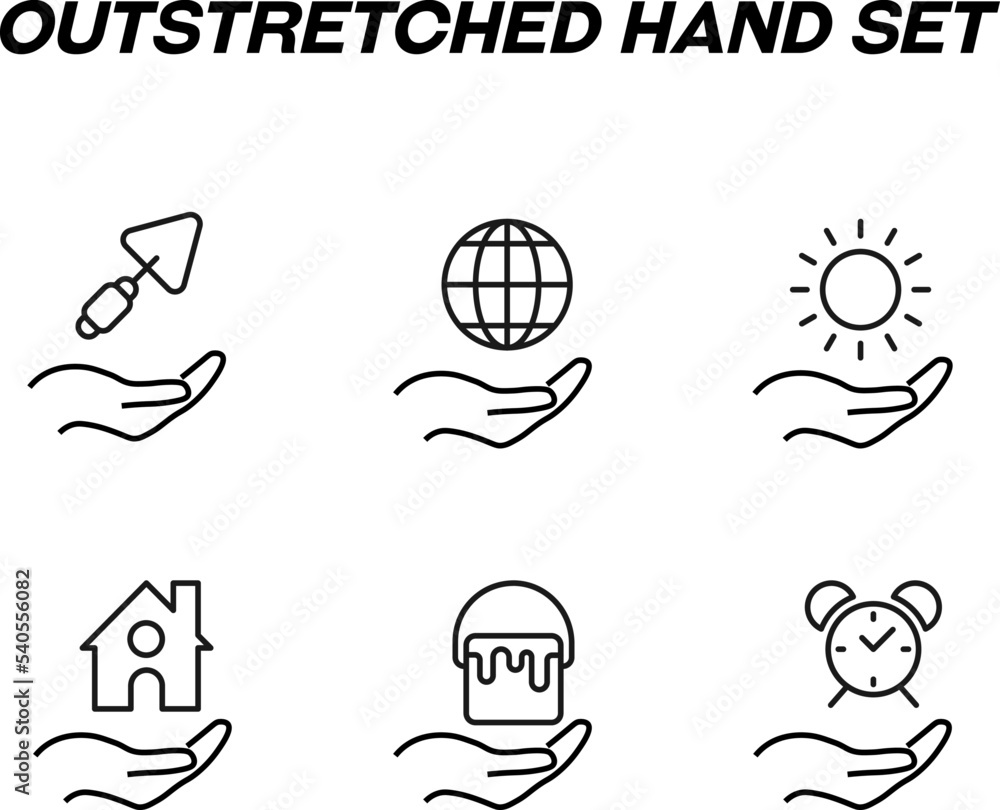 Monochrome signs in flat style for stores, shops, web sites. Editable stroke. Vector line icon set with symbols shovel, globe, sun, house, dye, alarm clock over hand Monochrome signs in flat style for stores, shops, web sites. Editable stroke. Vector line icon set with symbols shovel, globe, sun, house, dye, alarm clock over hand