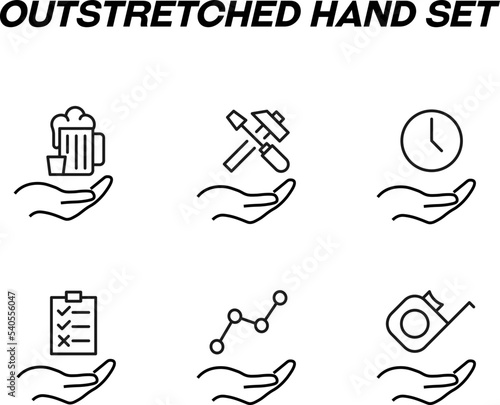 Monochrome signs in flat style for stores, shops, web sites. Editable stroke. Vector line icon set with symbols of beer, builder tool, clock, deal, progress, measure tape over hand