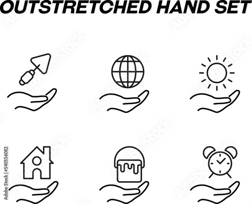 Monochrome signs in flat style for stores, shops, web sites. Editable stroke. Vector line icon set with symbols shovel, globe, sun, house, dye, alarm clock over hand
