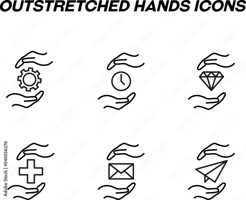Monochrome signs in flat style for stores, shops, web sites. Editable stroke. Vector line icon set with symbols of gear, clock, diamond, cross, post between outstretched hand