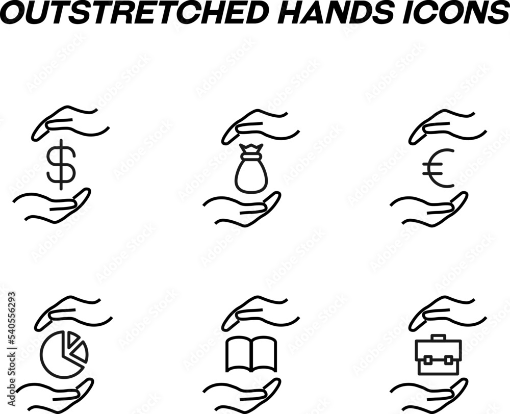 Monochrome signs in flat style for stores, shops, web sites. Editable stroke. Vector line icon set with symbols of dollar, euro, money bag, pie chart, book between hands