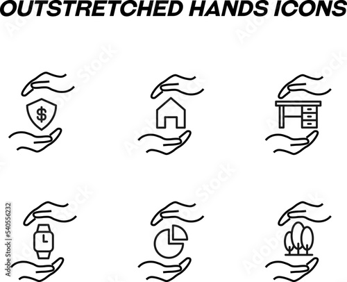 Monochrome signs in flat style for stores, shops, web sites. Editable stroke. Vector line icon set with symbols of dollar, house, table, watch, chart, trees between hands