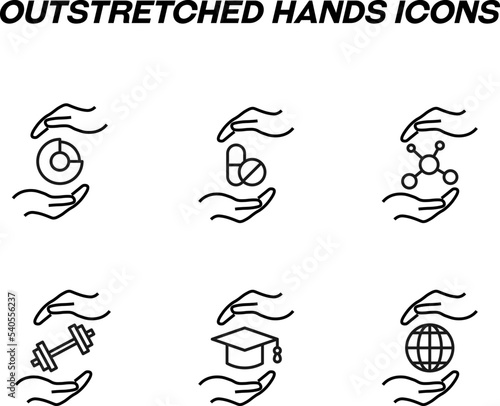 Monochrome signs in flat style for stores, shops, web sites. Editable stroke. Vector line icon set with symbols of pie chart, pills, chemical compound, weights, graduate, globe in hands