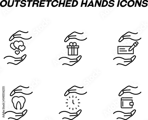 Monochrome signs in flat style for stores, shops, web sites. Editable stroke. Vector line icon set with symbols of heart, giftbox, business, tooth, wallet between hands