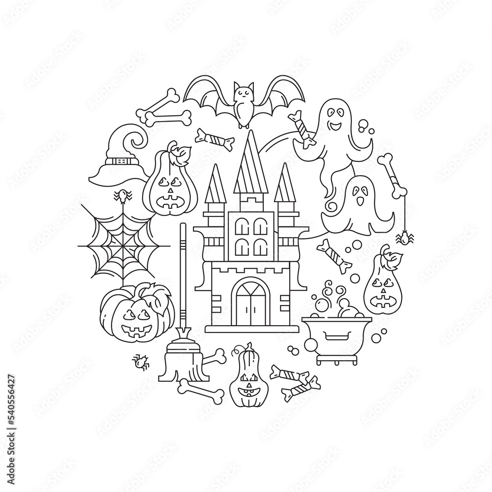 Halloween holiday elements collection. Vector, line illustration. Castle, pumpkins, cobwebs, ghosts.
