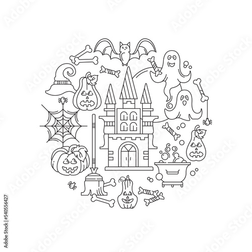 Halloween holiday elements collection. Vector, line illustration. Castle, pumpkins, cobwebs, ghosts.
