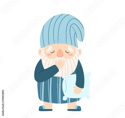 Funny Garden Dwarf Wear Night Hat And Pajama Holding Pillow and Yawning, Sleepy Gnome Isolated On White Background