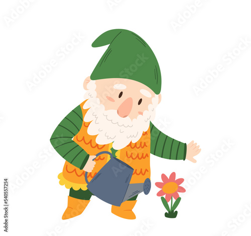 Cute Garden Gnome Growing Flower Seedling, Gardener Dwarf Hold Watering Can. Fairytale Gardening Elf Vector Illustration