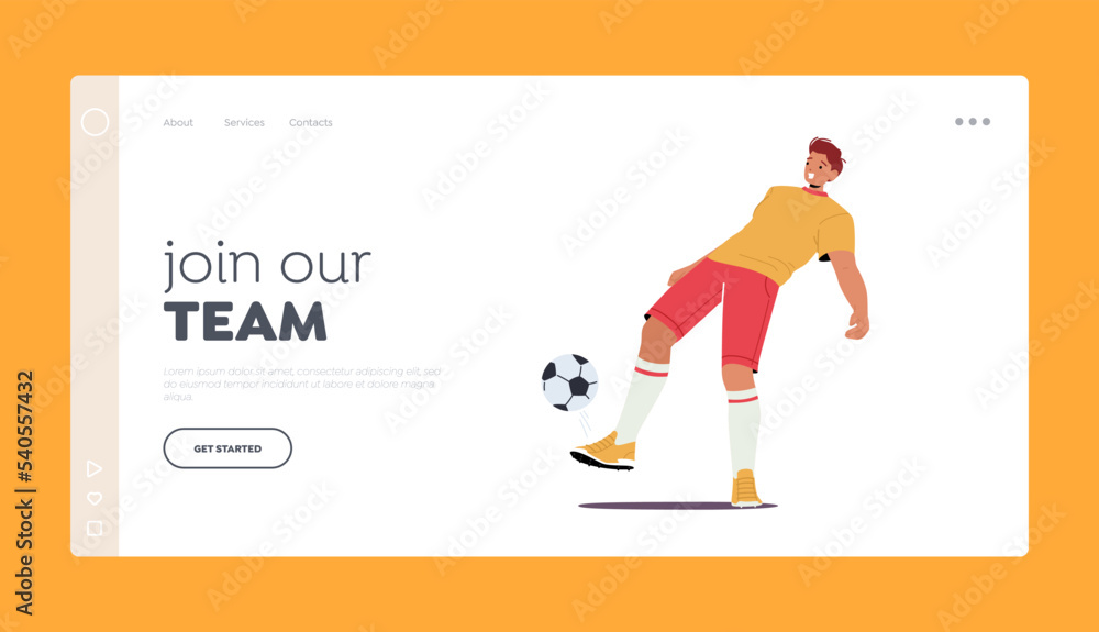 Join Football Team Landing Page Template. Player in Uniform Kick Ball, Young Sportsman Character Training, Making Stunts